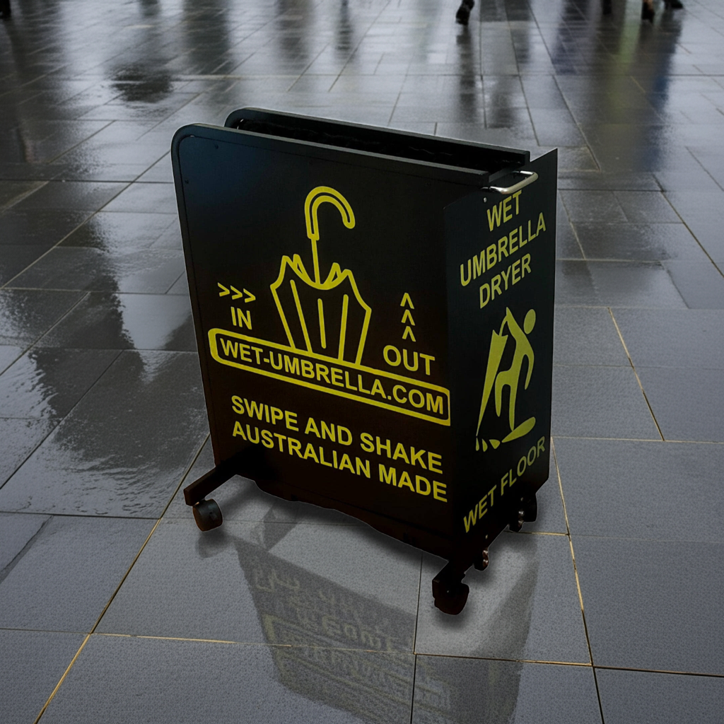 Wet Umbrella Dryer Wet Floor Model Aluminium Australian Made Yellow Stickers