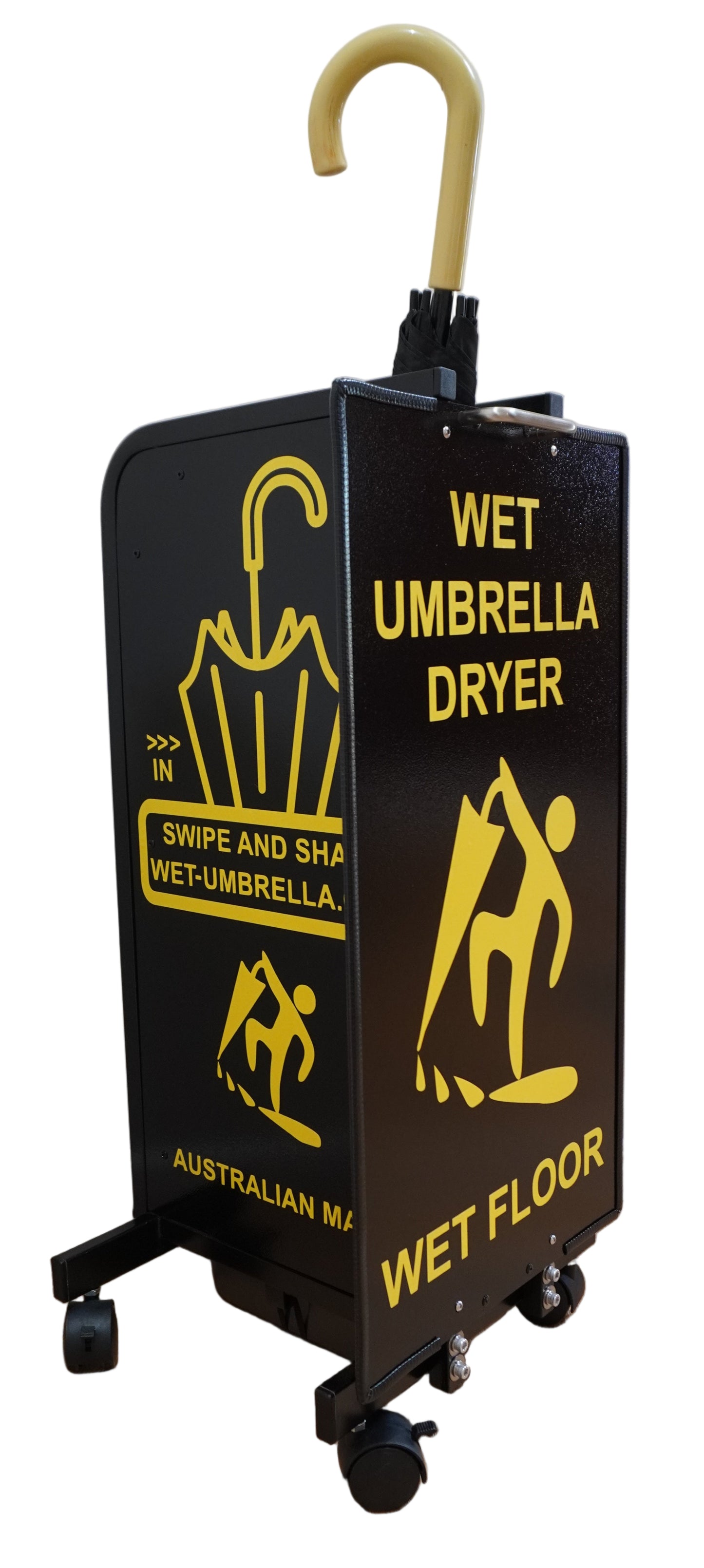 Wet Umbrella Dryer Wet Floor Model Small Yellow Sticker Angle Low With Umbrella