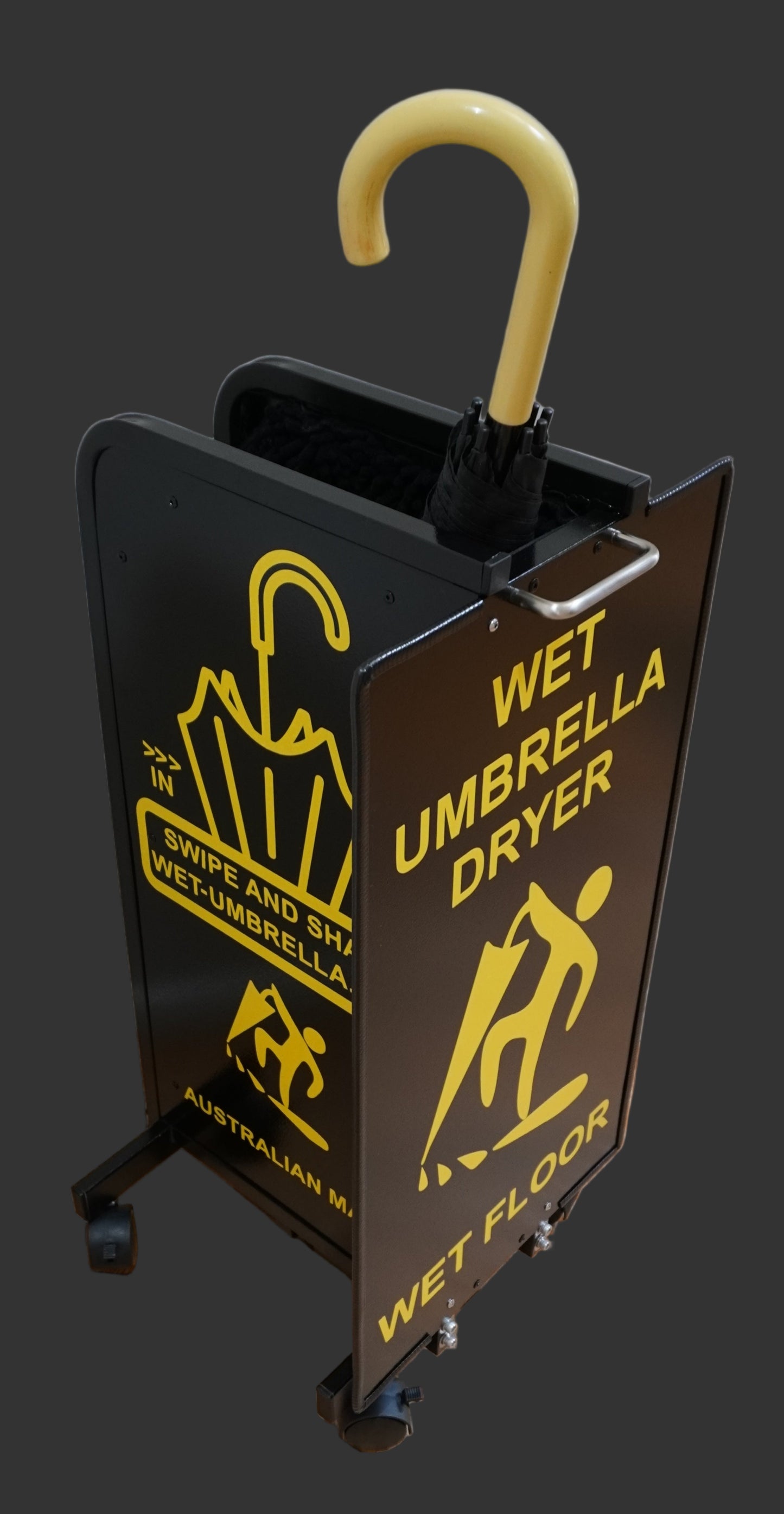 Wet Umbrella Dryer Wet Floor Model Small Yellow Sticker Angle Mid With Umbrella