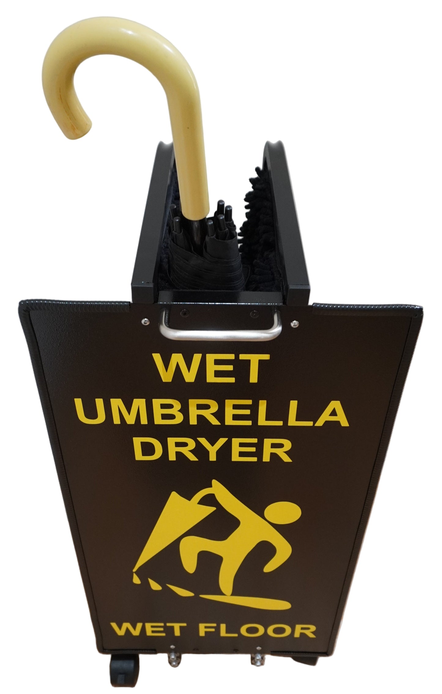 Wet Umbrella Dryer Wet Floor Model Small Yellow Sticker Back Mid With Umbrella