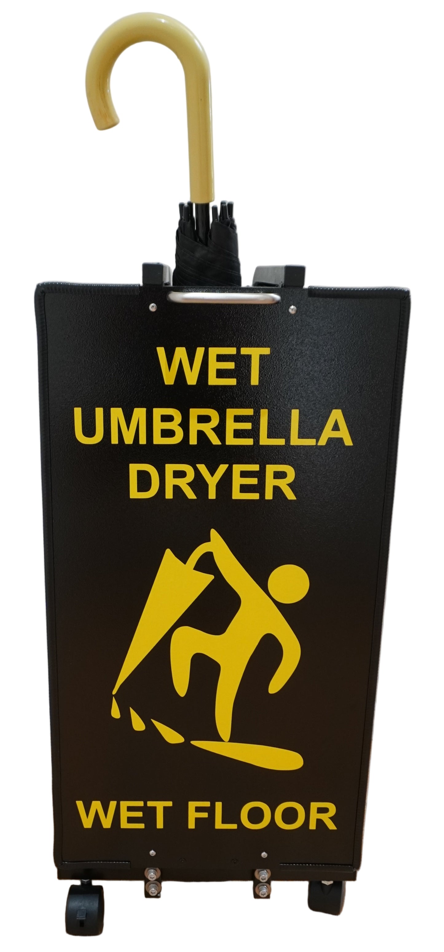 Wet Umbrella Dryer Wet Floor Model Small Yellow Sticker Back Mid With Umbrella