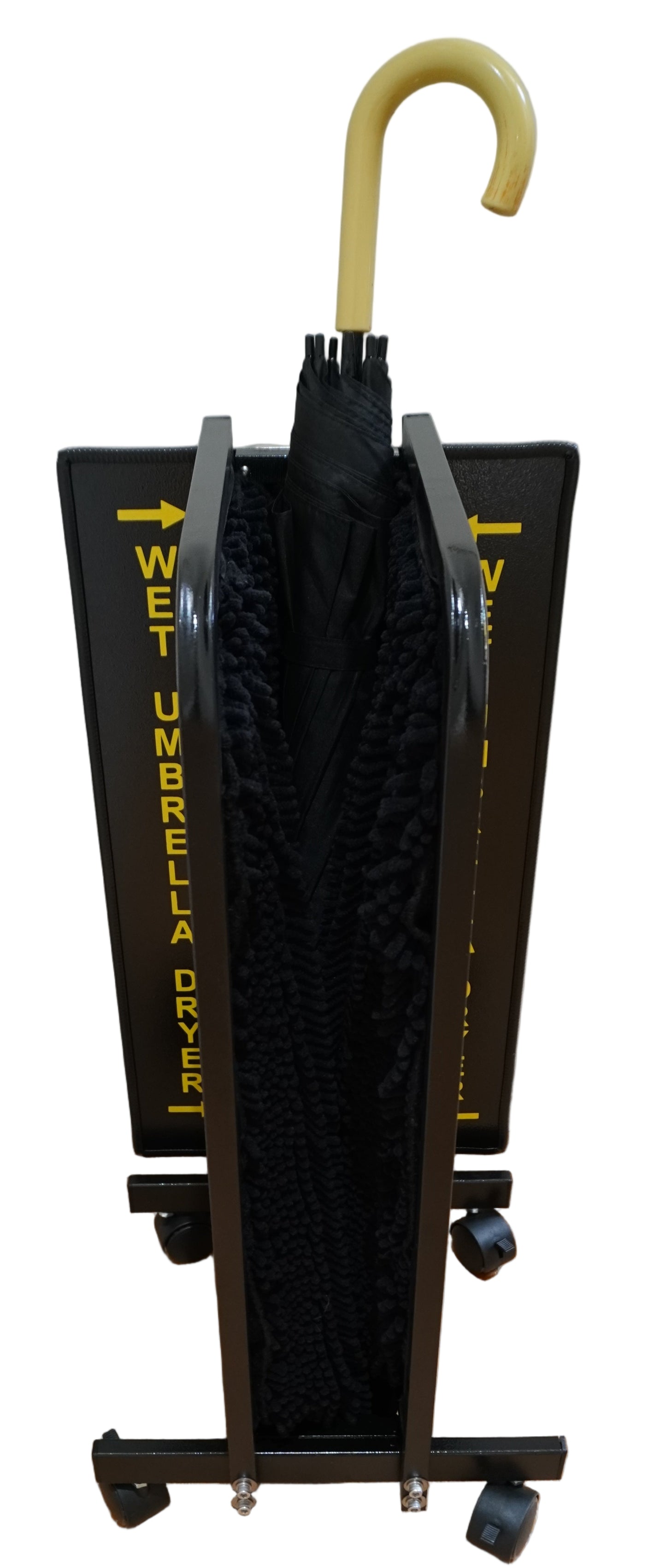Wet Umbrella Dryer Wet Floor Model Small Yellow Sticker Front Mid With Umbrella