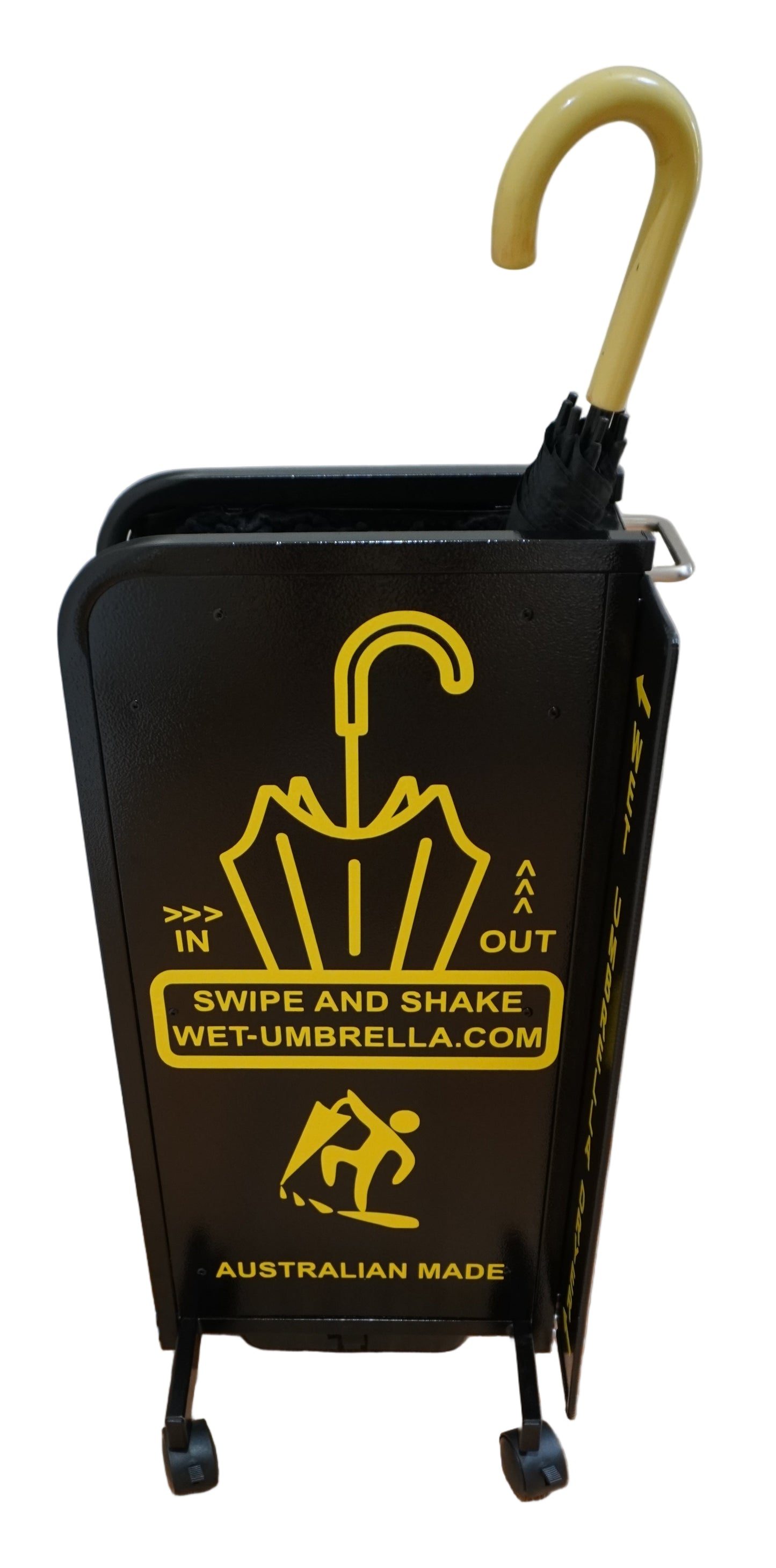 Wet Umbrella Dryer Wet Floor Model Small Yellow Sticker Side Mid With Umbrella