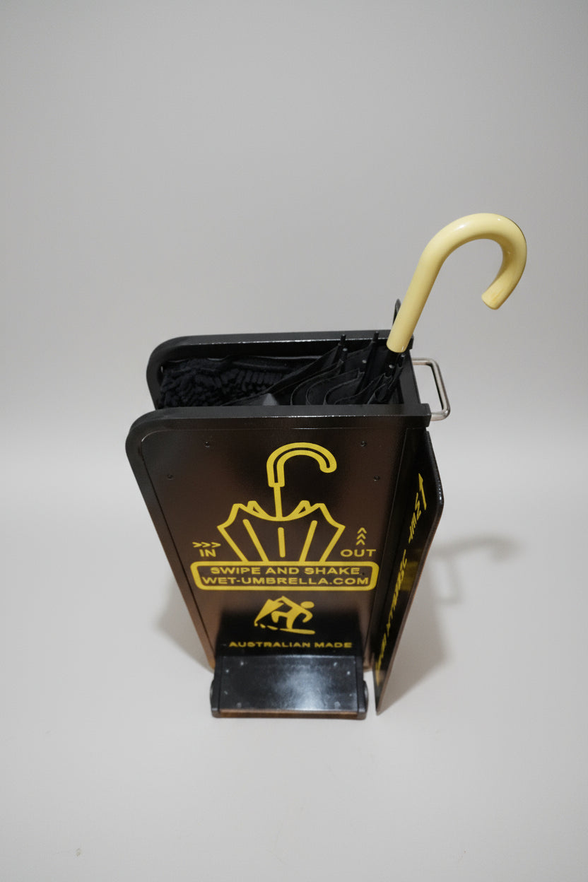 Wet Umbrella Dryer Wet Floor Model Yellow Stickers With Side Skirts WUDAWFSY-350 Side Top View With Umbrella