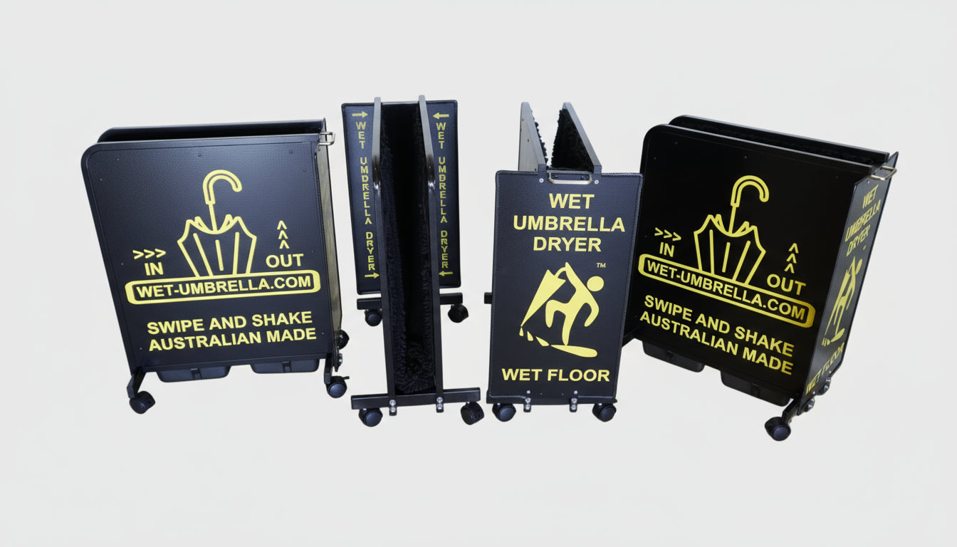 Wet Umbrella Dryer Wet Floor Model Aluminium Australian Made Chrome Stickers