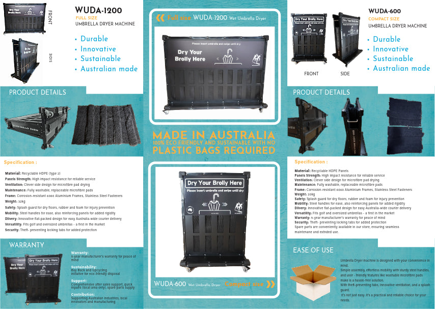 Wet Umbrella Dryer Made in Australia Washing Service Pad Set 600mm Long WUDAWS-600