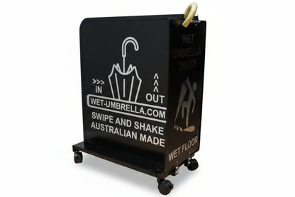 Wet Umbrella Dryer Wet Floor Model Chrome Stickers With Side Skirts WUDAWFSC-500 Angle Low View With Umbrella