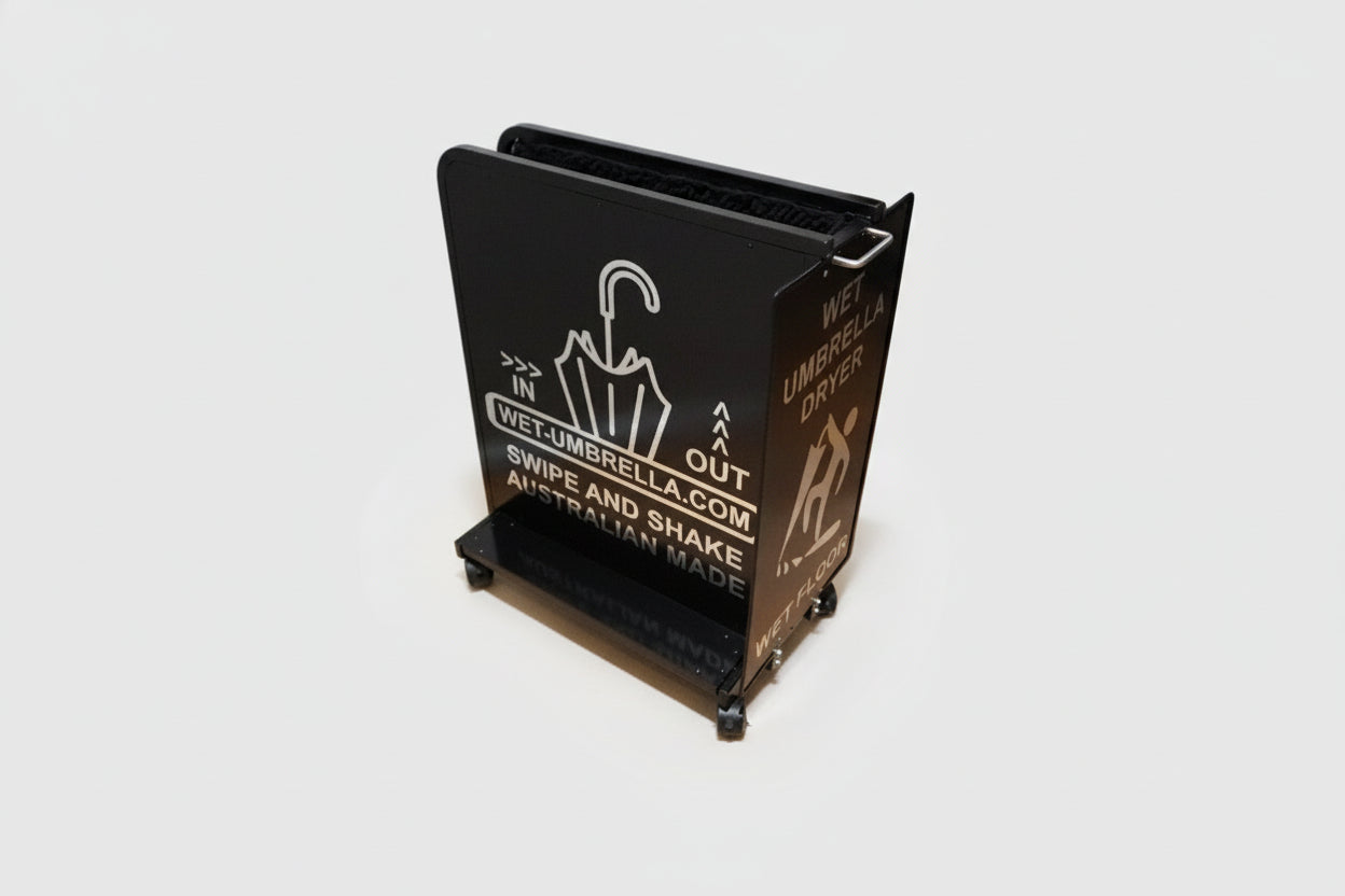 Wet Umbrella Dryer Wet Floor Model Chrome Stickers With Side Skirts WUDAWFSC-500 Angle Mid View