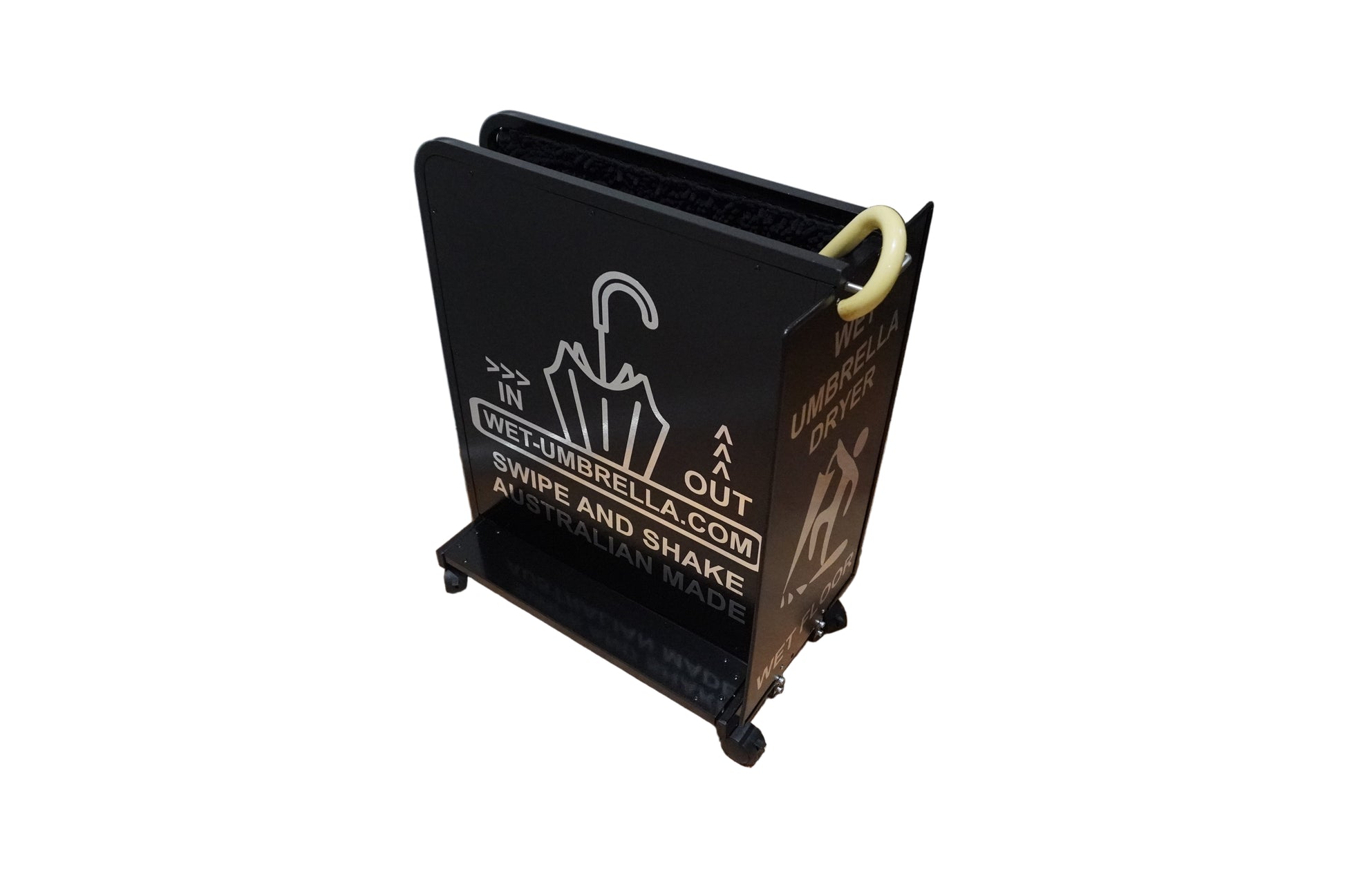 Wet Umbrella Dryer Wet Floor Model Chrome Stickers With Side Skirts WUDAWFSC-500 Angle Mid View With Umbrella