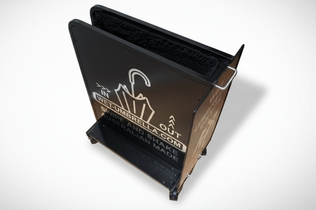 Wet Umbrella Dryer Wet Floor Model Chrome Stickers With Side Skirts WUDAWFSC-500 Angle Top View