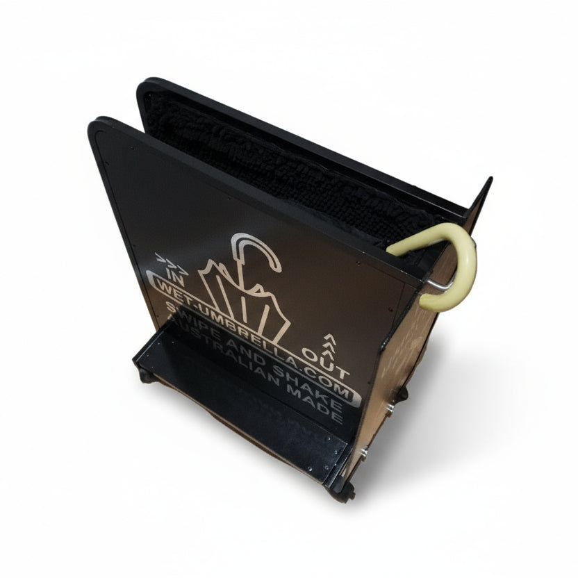 Wet Umbrella Dryer Wet Floor Model Chrome Stickers With Side Skirts WUDAWFSC-500 Angle Top View With Umbrella