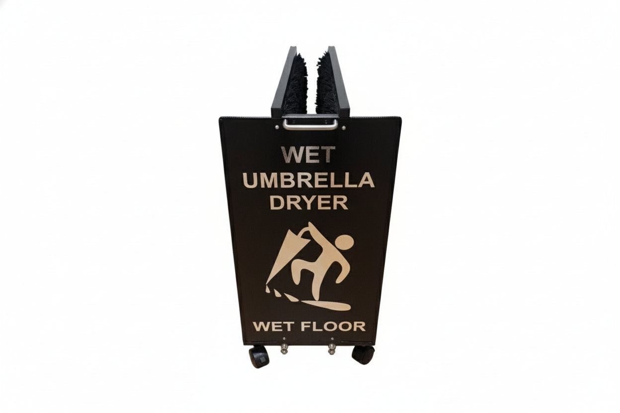 Wet Umbrella Dryer Wet Floor Model Chrome Stickers With Side Skirts WUDAWFSC-500 Back Mid View