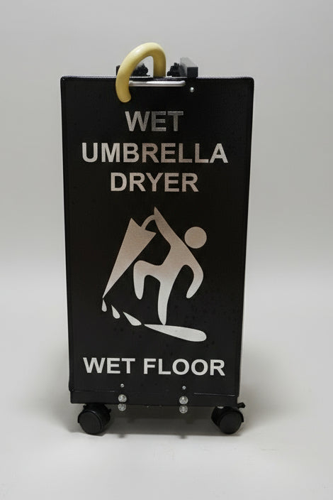 Wet Umbrella Dryer Wet Floor Model Chrome Stickers With Side Skirts WUDAWFSC-500 Back View With Umbrella