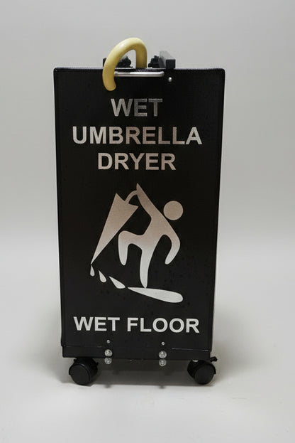 Wet Umbrella Dryer Wet Floor Model Chrome Stickers With Side Skirts WUDAWFSC-500 Back View With Umbrella
