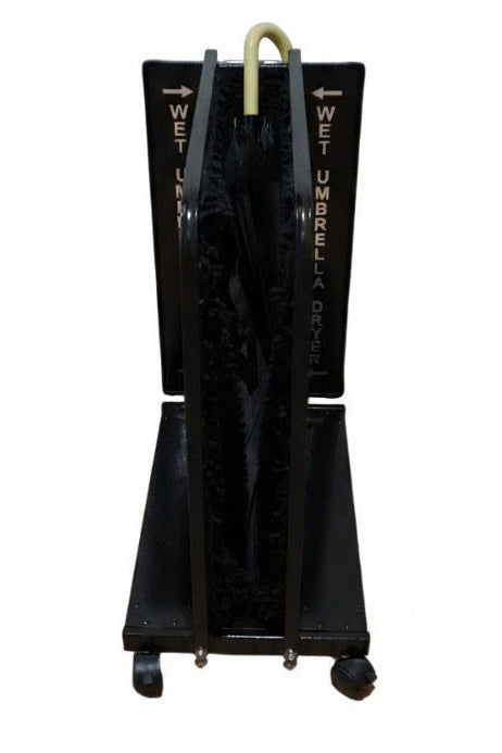 Wet Umbrella Dryer Wet Floor Model Chrome Stickers With Side Skirts WUDAWFSC-500 Front Mid View With Umbrella