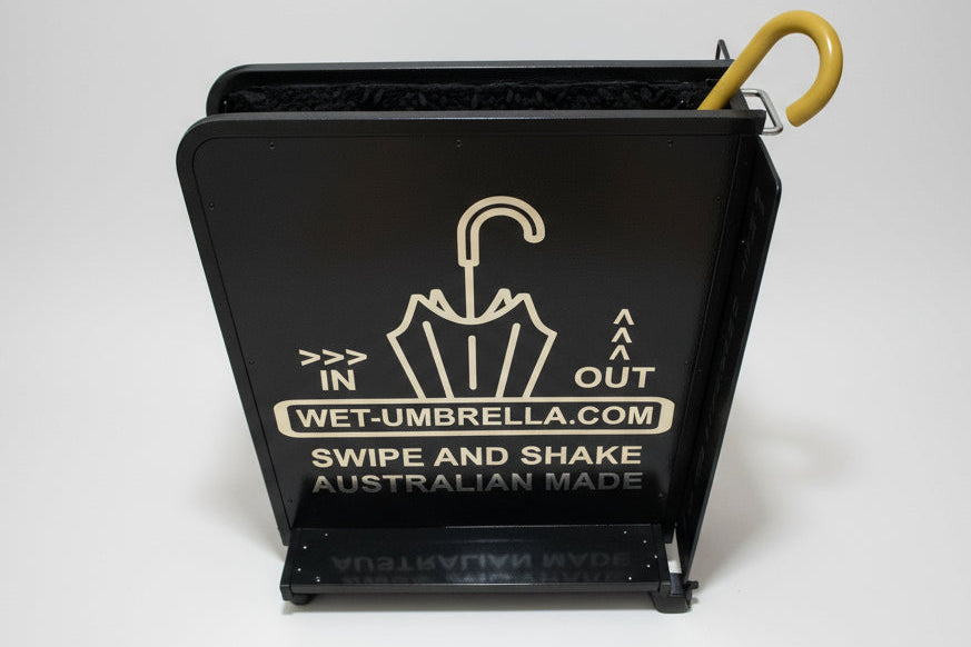 Wet Umbrella Dryer Wet Floor Model Chrome Stickers With Side Skirts WUDAWFSC-500 Side Top View With Umbrella