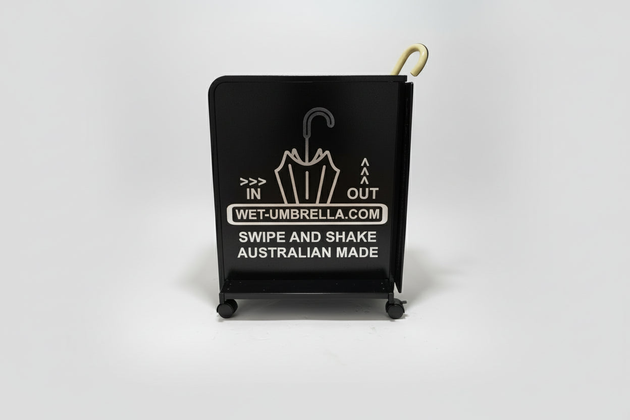 Wet Umbrella Dryer Wet Floor Model Chrome Stickers With Side Skirts WUDAWFSC-500 Side View With Umbrella