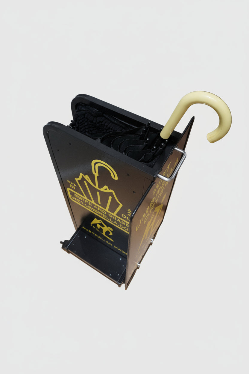 Wet Umbrella Dryer Wet Floor Model Yellow Stickers With Side Skirts WUDAWFSY-350 Angel Top View With Umbrella