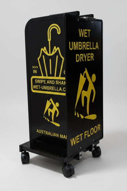Wet Umbrella Dryer Wet Floor Model Yellow Stickers With Side Skirts WUDAWFSY-350 Angle Low View