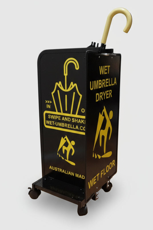Wet Umbrella Dryer Wet Floor Model Yellow Stickers With Side Skirts WUDAWFSY-350 Angle Low View With Umbrella