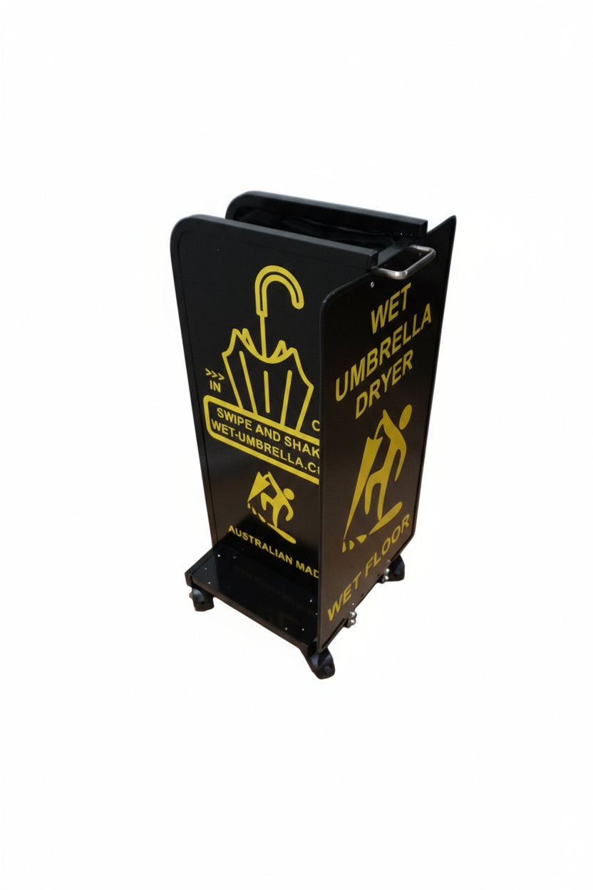 Wet Umbrella Dryer Wet Floor Model Yellow Stickers With Side Skirts WUDAWFSY-350 Angle Mid View