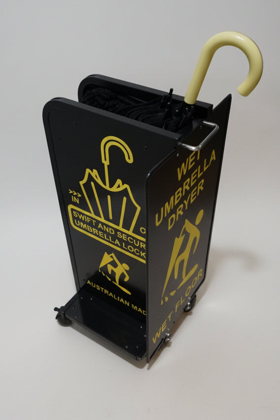 Wet Umbrella Dryer Wet Floor Model Yellow Stickers With Side Skirts WUDAWFSY-350 Angle Mid View With Umbrella