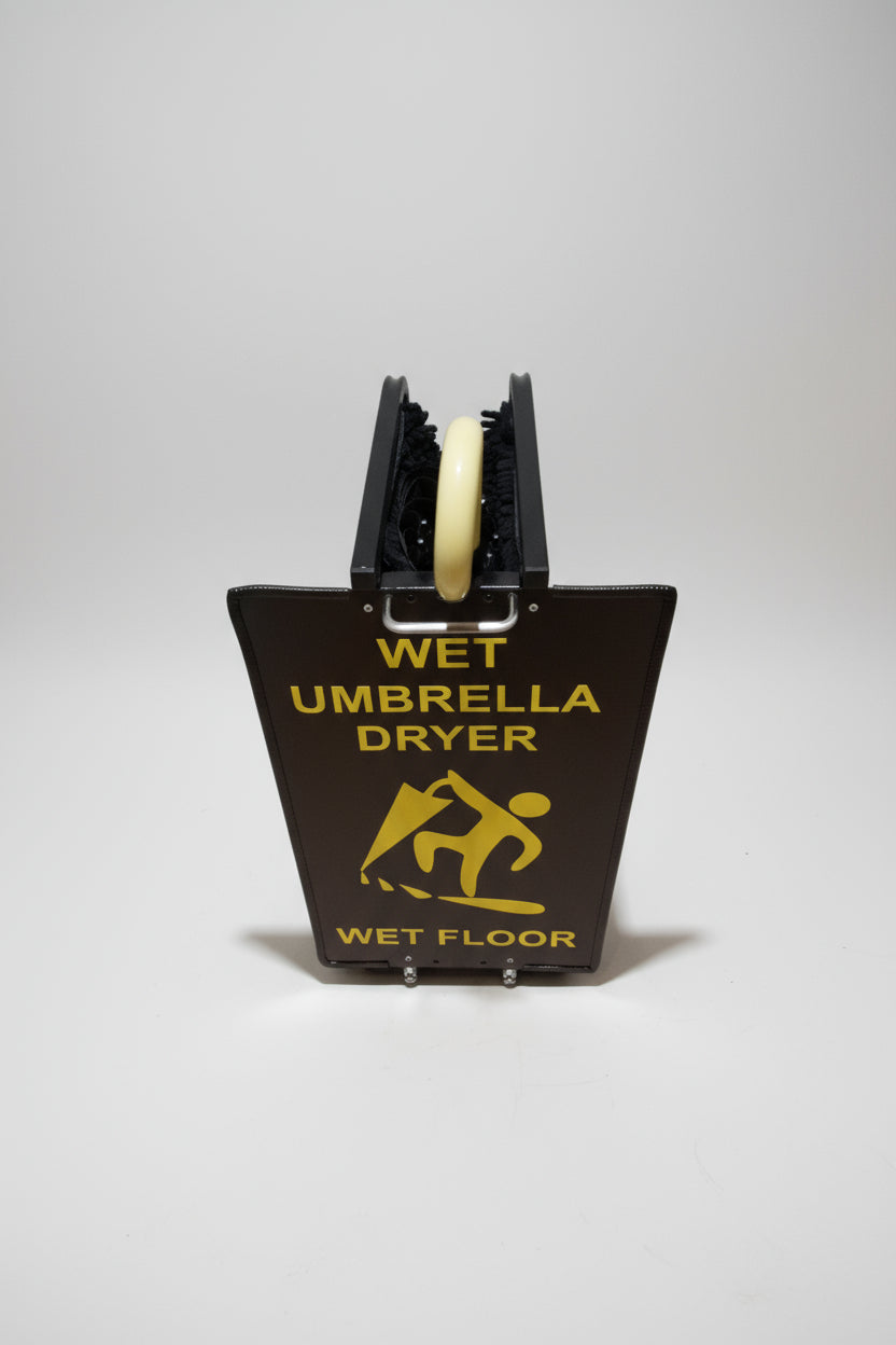 Wet Umbrella Dryer Wet Floor Model Yellow Stickers With Side Skirts WUDAWFSY-350 End Top View With Umbrella