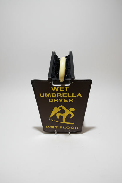 Wet Umbrella Dryer Wet Floor Model Yellow Stickers With Side Skirts WUDAWFSY-350 End Top View With Umbrella