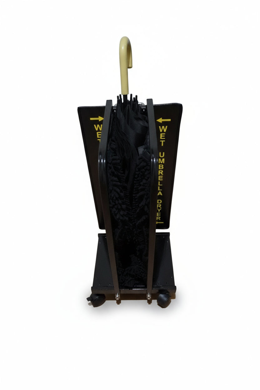 Wet Umbrella Dryer Wet Floor Model Yellow Stickers With Side Skirts WUDAWFSY-350 Front Mid View With Umbrella