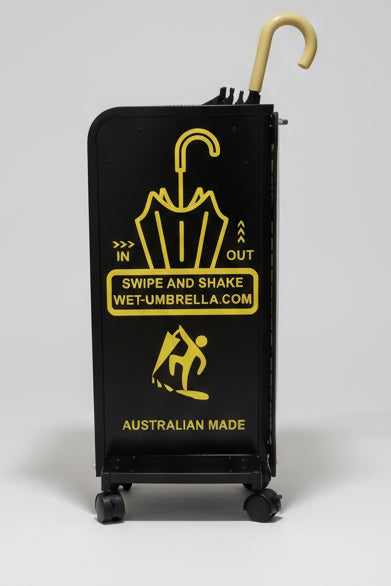 Wet Umbrella Dryer Wet Floor Model Yellow Stickers With Side Skirts WUDAWFSY-350 Side Low View With Umbrella