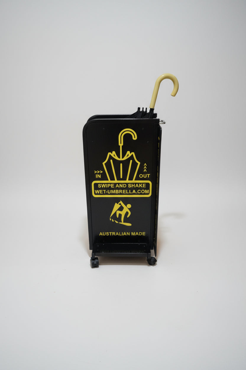 Wet Umbrella Dryer Wet Floor Model Yellow Stickers With Side Skirts WUDAWFSY-350 Side Mid View With Umbrella